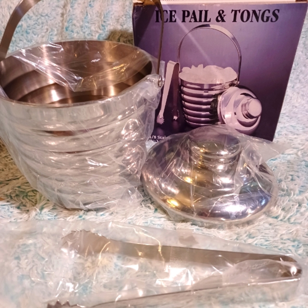 SALE Stainless steel ice pail & tongs